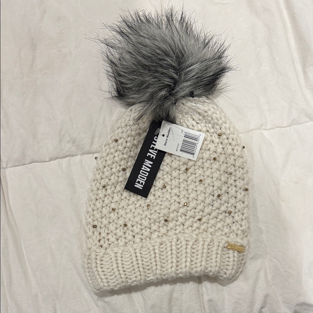 Steve Madden Cream Knit Beanie with Gray Pom